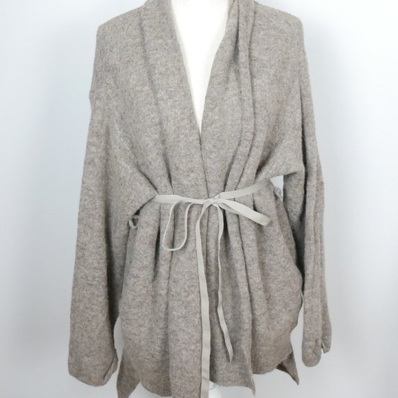 Anthropologie Moth Oatmeal Brown Grey Wool Knit Open Cardigan with Tie Medium - Picture 2 of 11